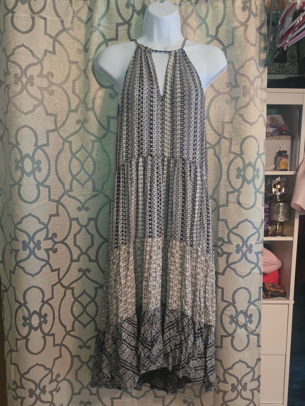 O'Neill Black and White Halter-Tie Maxi Dress
